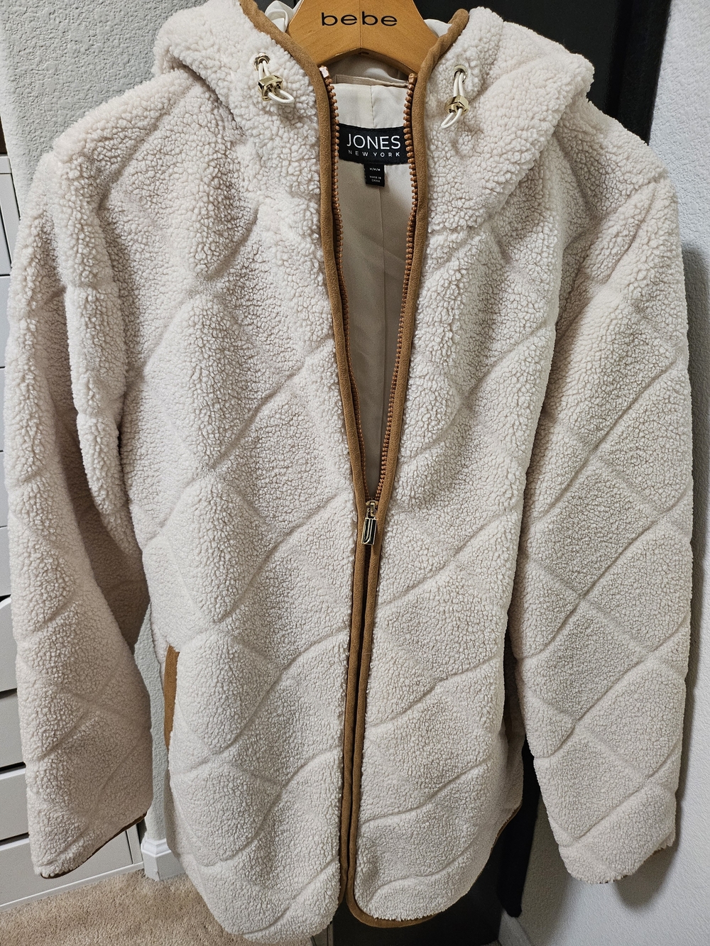 Jones New York Cream Sherpa Teddy Jacket with Tan Trim